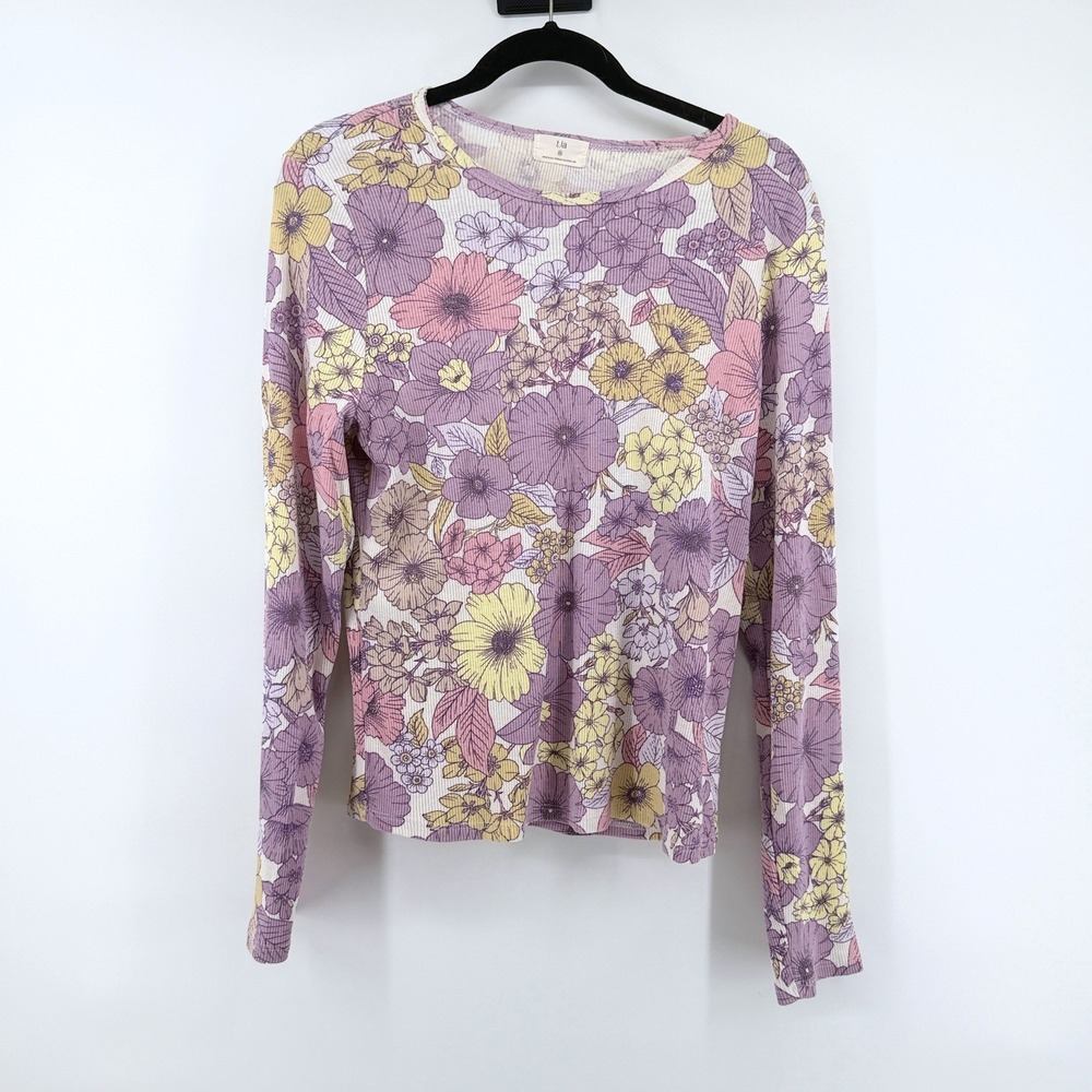 T.la Top Floral Ribbed Long Sleeve XL Purple Women Anthropologie Boho Retro